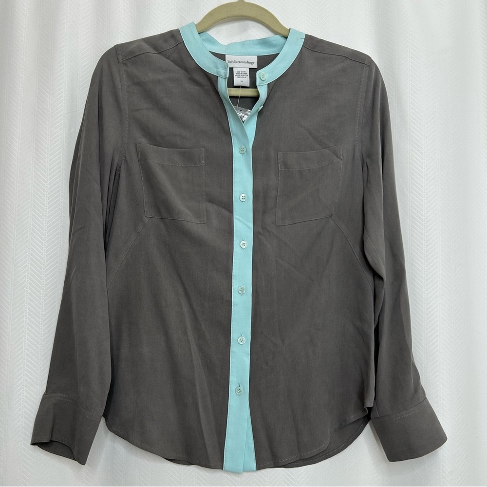 Soft Surroundings gray silk button up blouse top